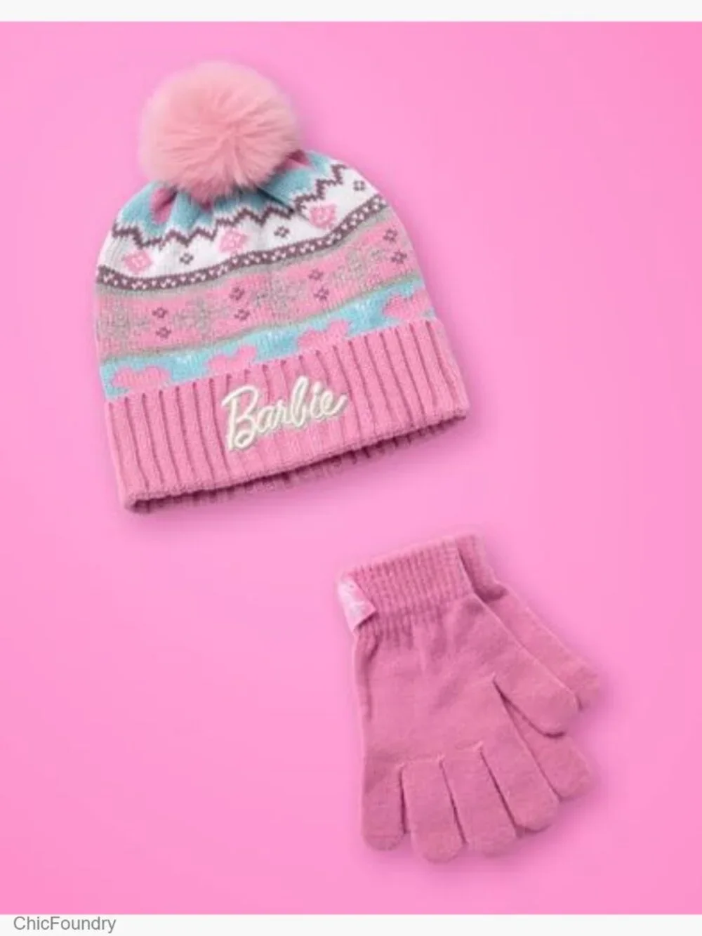 Girls Fair Isle Knit Beanie and Gloves Winter Set Accessory